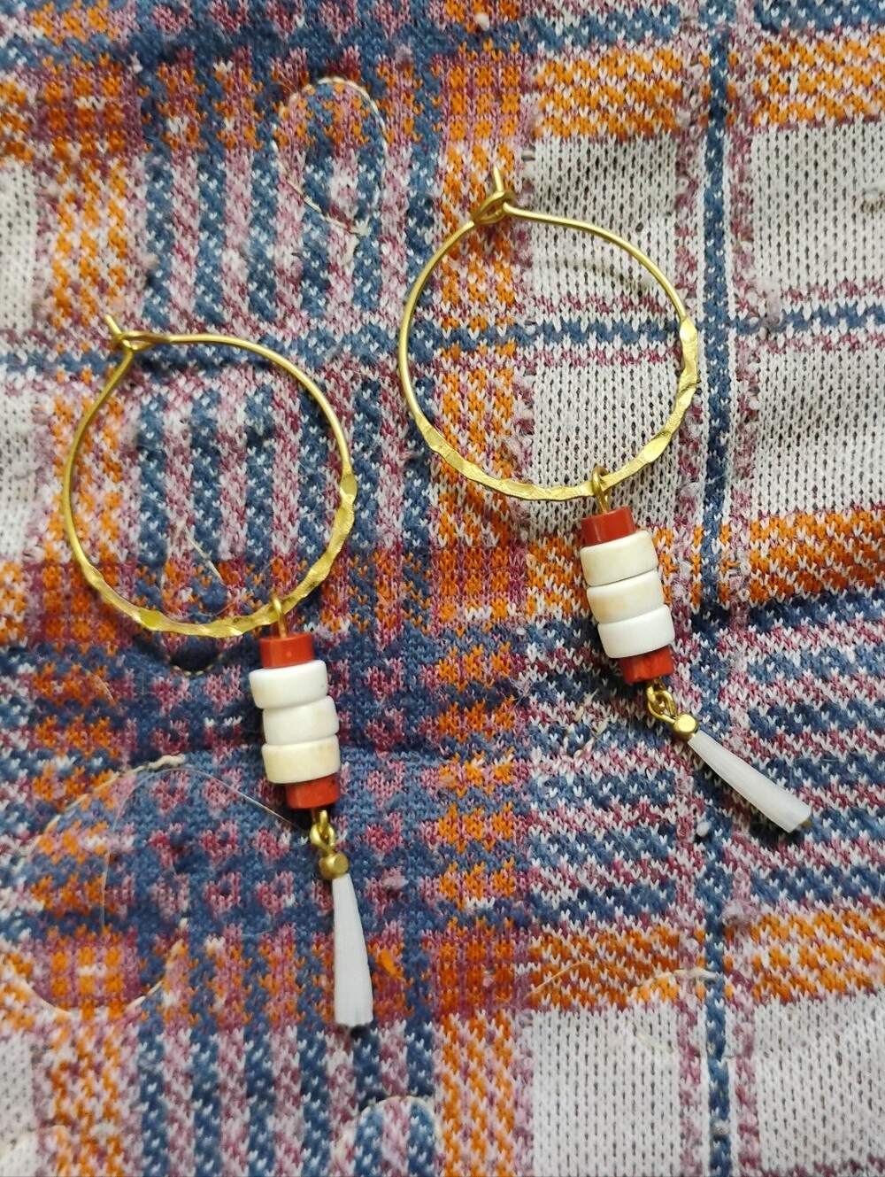 Red Jasper, White Turquoise, and Tusk Shell Handmade Charm Hoops